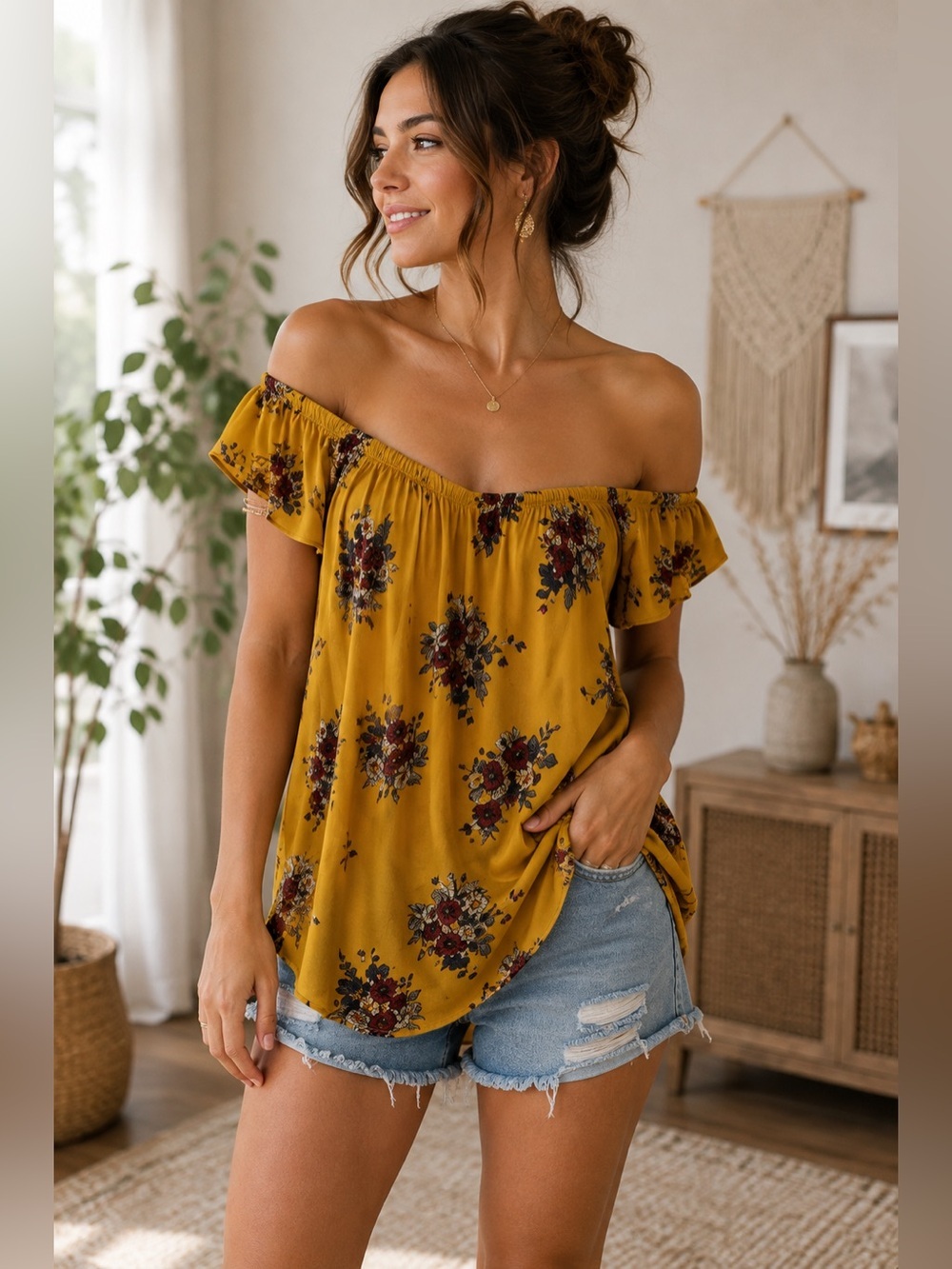 Mira Floral Mustard Off The Shoulder Top Size S Boho Cottagecore Festival